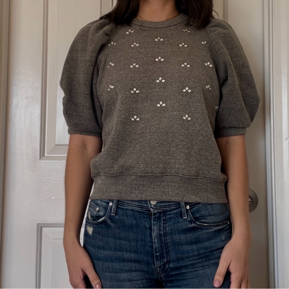 Clare V. Gray Puff Sleeve Sweatshirt with Embellishments
